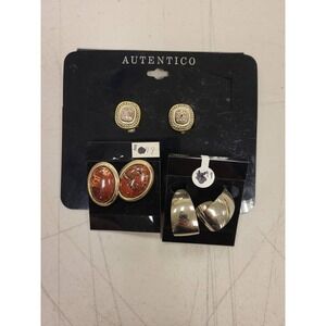 Authentico Earrings 3 Pairs Gold Silver Tone Crystal Stud Clip On Fashion